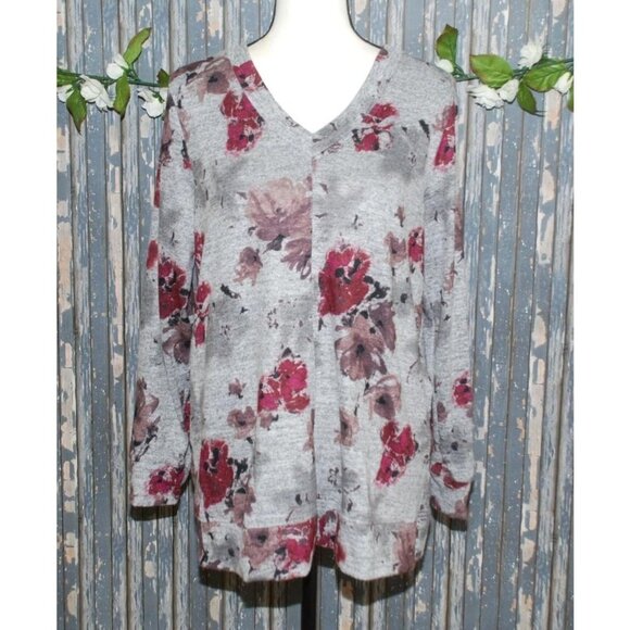 Ellen Tracy Ladies Gray Sweater Top Size L Stretch Long Sleeve V-Neck Floral - Picture 1 of 9